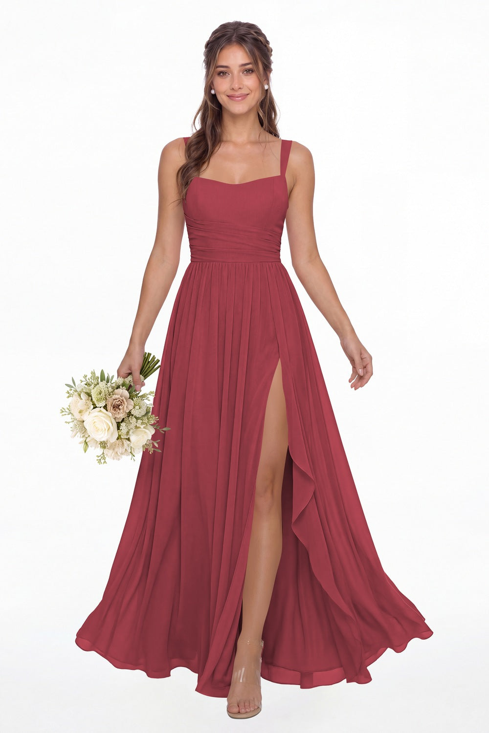 Desert Rose Square Neck Ruched Chiffon Slit Maxi Gown - Front View