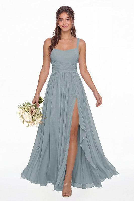 Dusty Blue Square Neck Ruched Chiffon Slit Maxi Gown - Front View