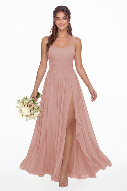 Dusty Rose Square Neck Ruched Chiffon Slit Maxi Gown - Front View