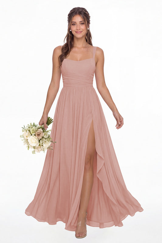 Dusty Rose Square Neck Ruched Chiffon Slit Maxi Gown - Front View