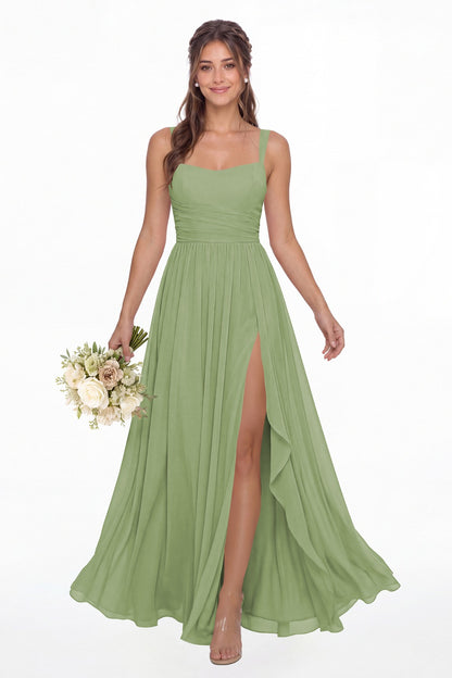 Dusty Sage Square Neck Ruched Chiffon Slit Maxi Gown - Front View