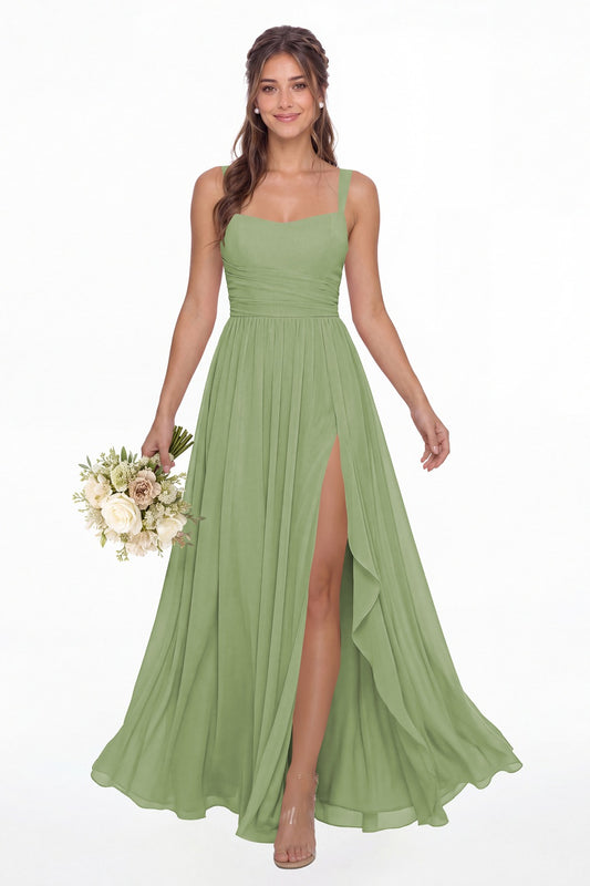 Dusty Sage Square Neck Ruched Chiffon Slit Maxi Gown - Front View