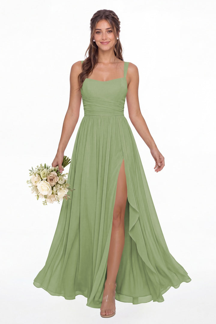 Dusty Sage Square Neck Ruched Chiffon Slit Maxi Gown - Front View