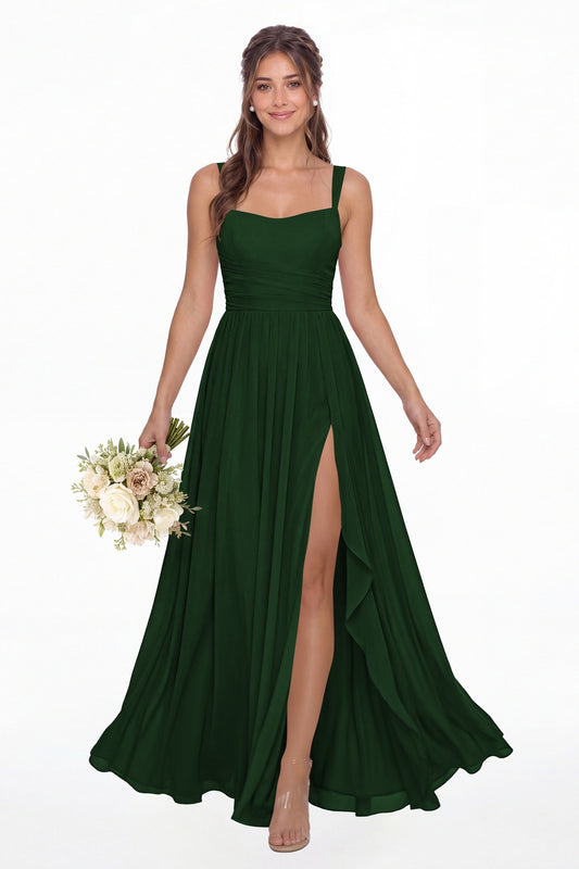 Emerald Green Square Neck Ruched Chiffon Slit Maxi Gown - Front View