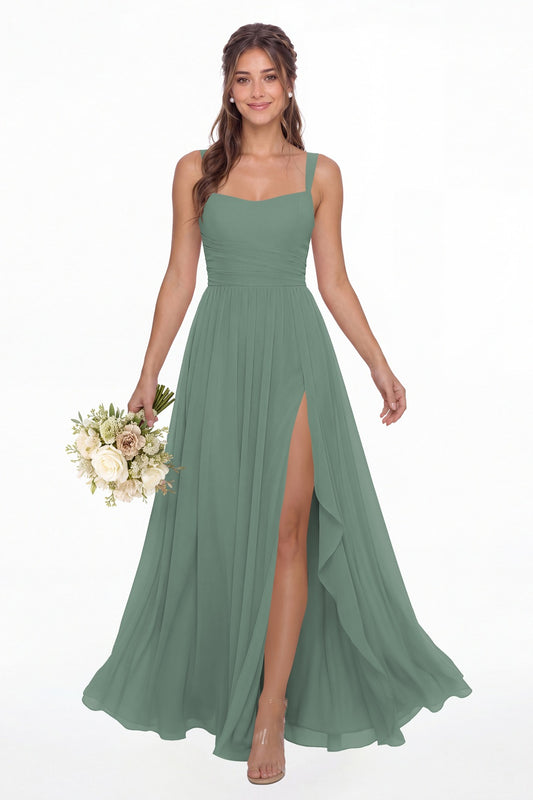 Eucalyptus Square Neck Ruched Chiffon Slit Maxi Gown - Front View