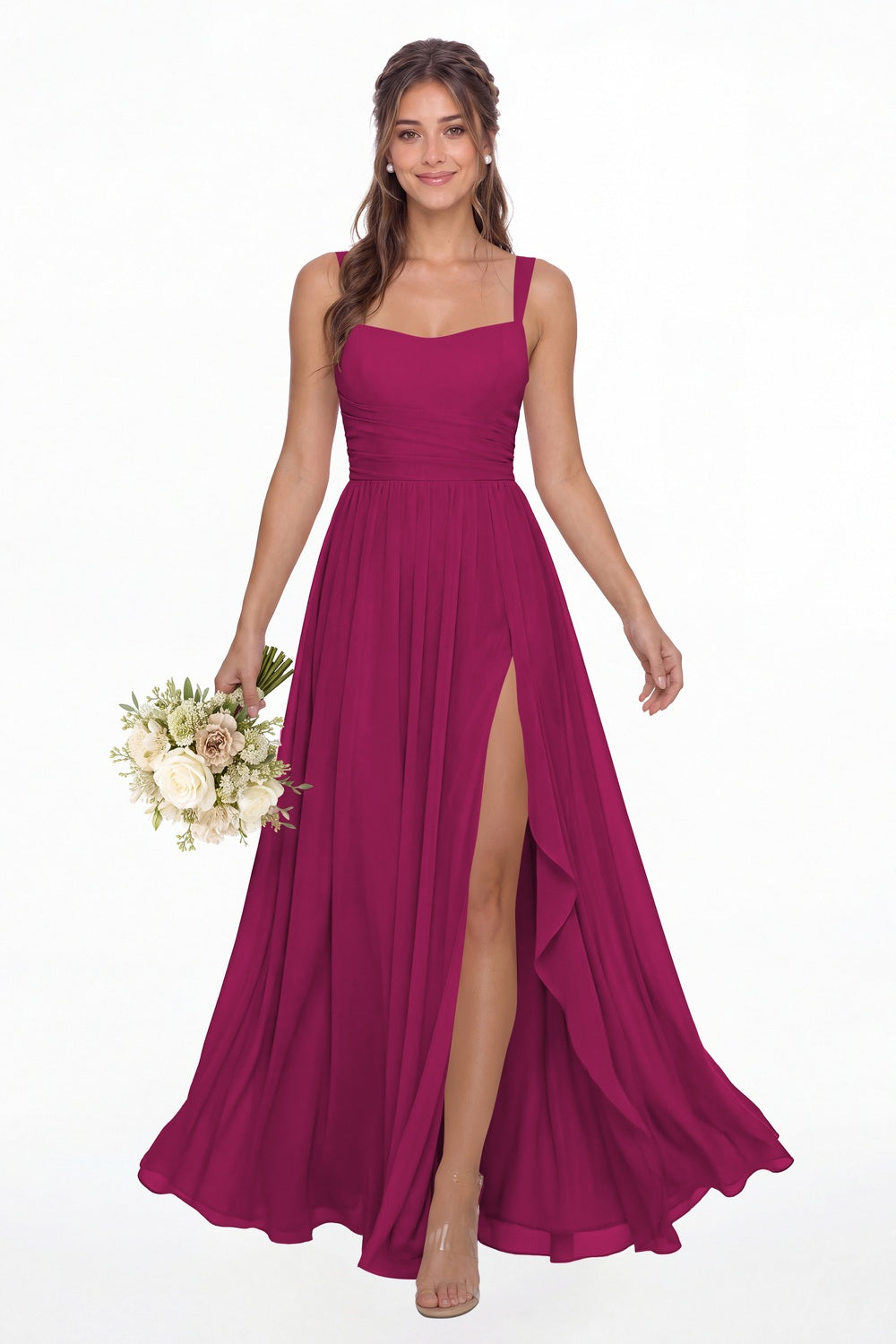 Fuchsia Square Neck Ruched Chiffon Slit Maxi Gown - Front View