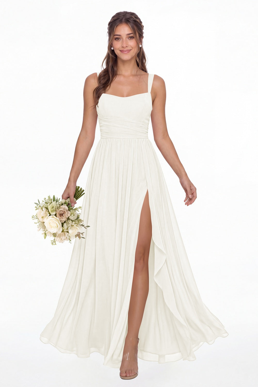 Ivory Square Neck Ruched Chiffon Slit Maxi Gown - Front View