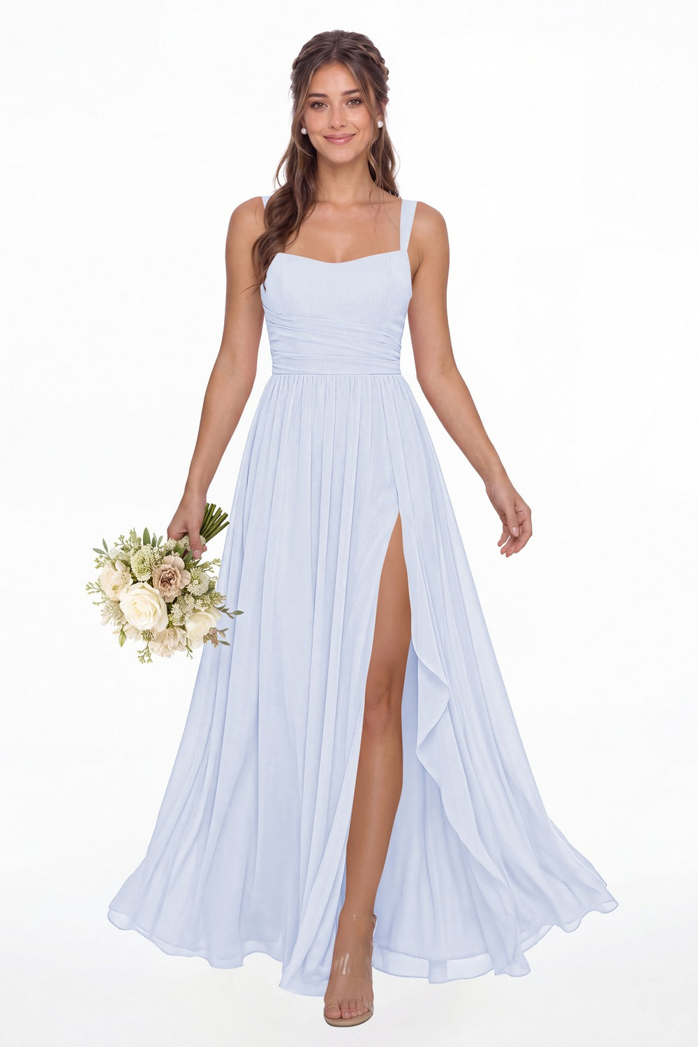 Lavender Square Neck Ruched Chiffon Slit Maxi Gown - Front View