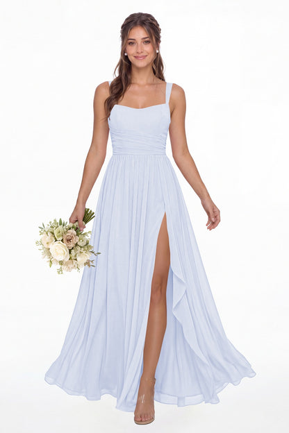 Lavender Square Neck Ruched Chiffon Slit Maxi Gown - Front View