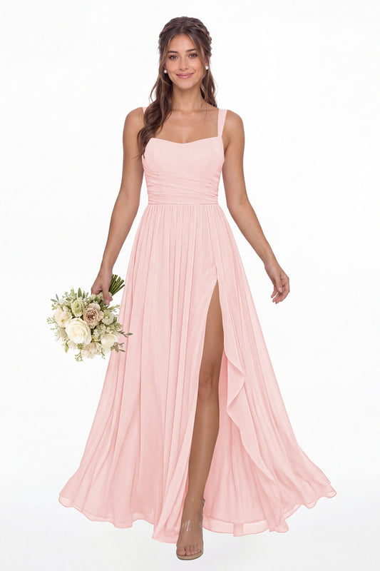 Light Pink Square Neck Ruched Chiffon Slit Maxi Gown - Front View