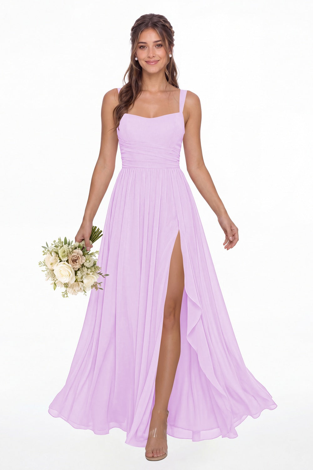 Lilac Square Neck Ruched Chiffon Slit Maxi Gown - Front View