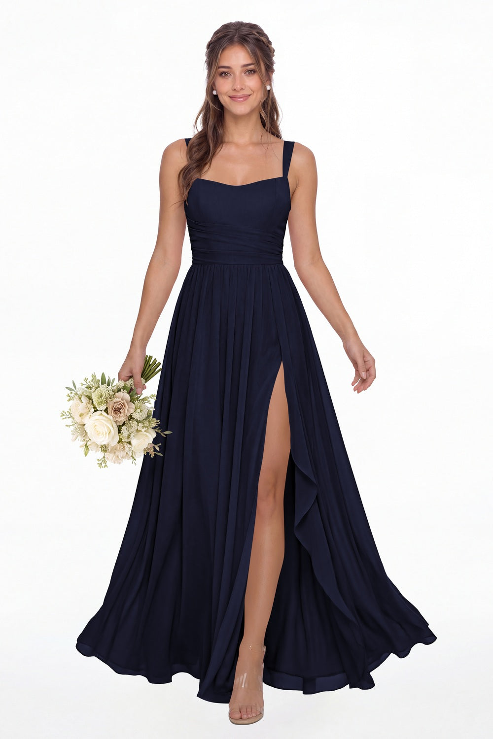 Navy Blue Square Neck Ruched Chiffon Slit Maxi Gown - Front View
