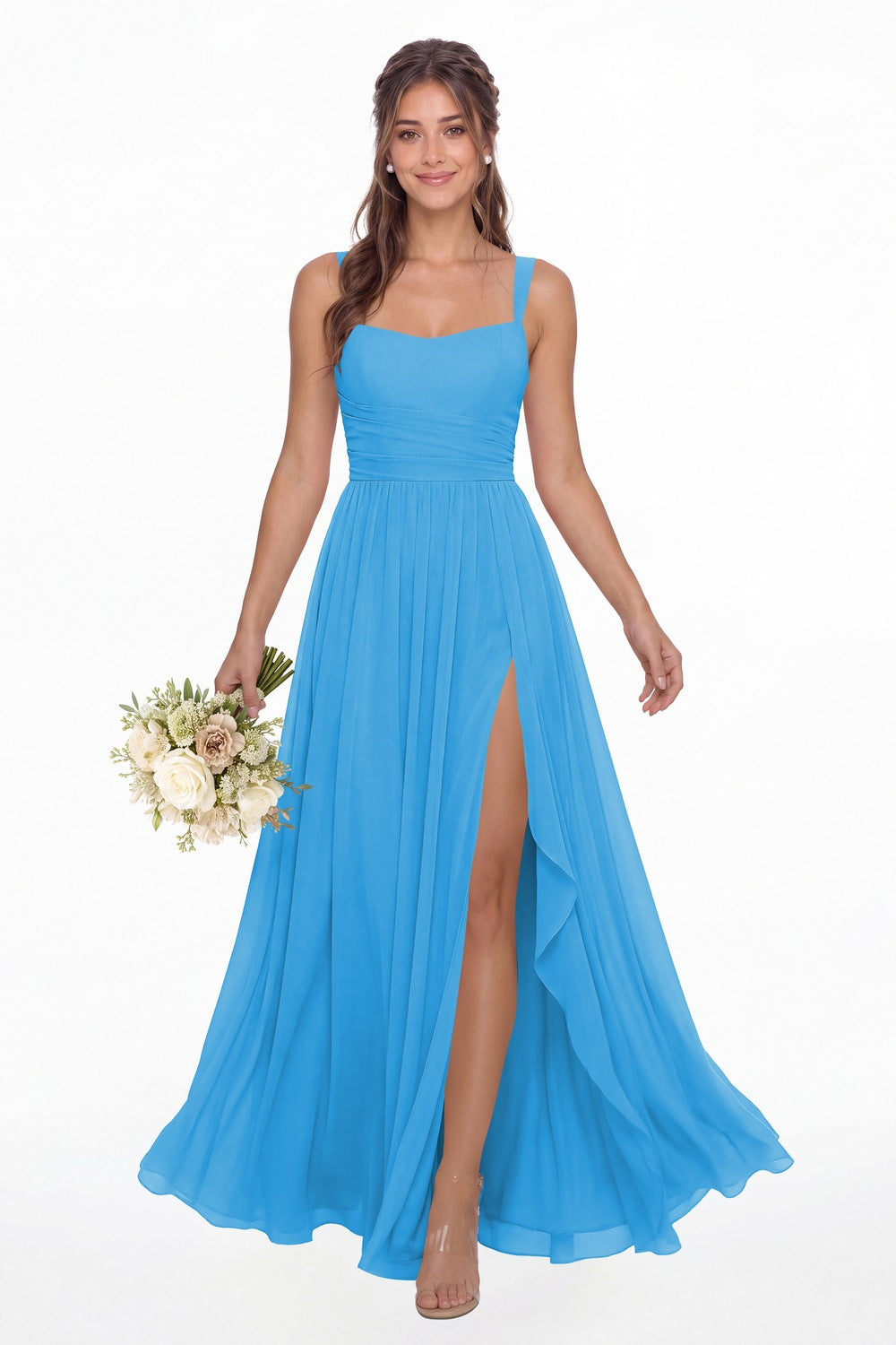 Ocean Blue Square Neck Ruched Chiffon Slit Maxi Gown - Front View