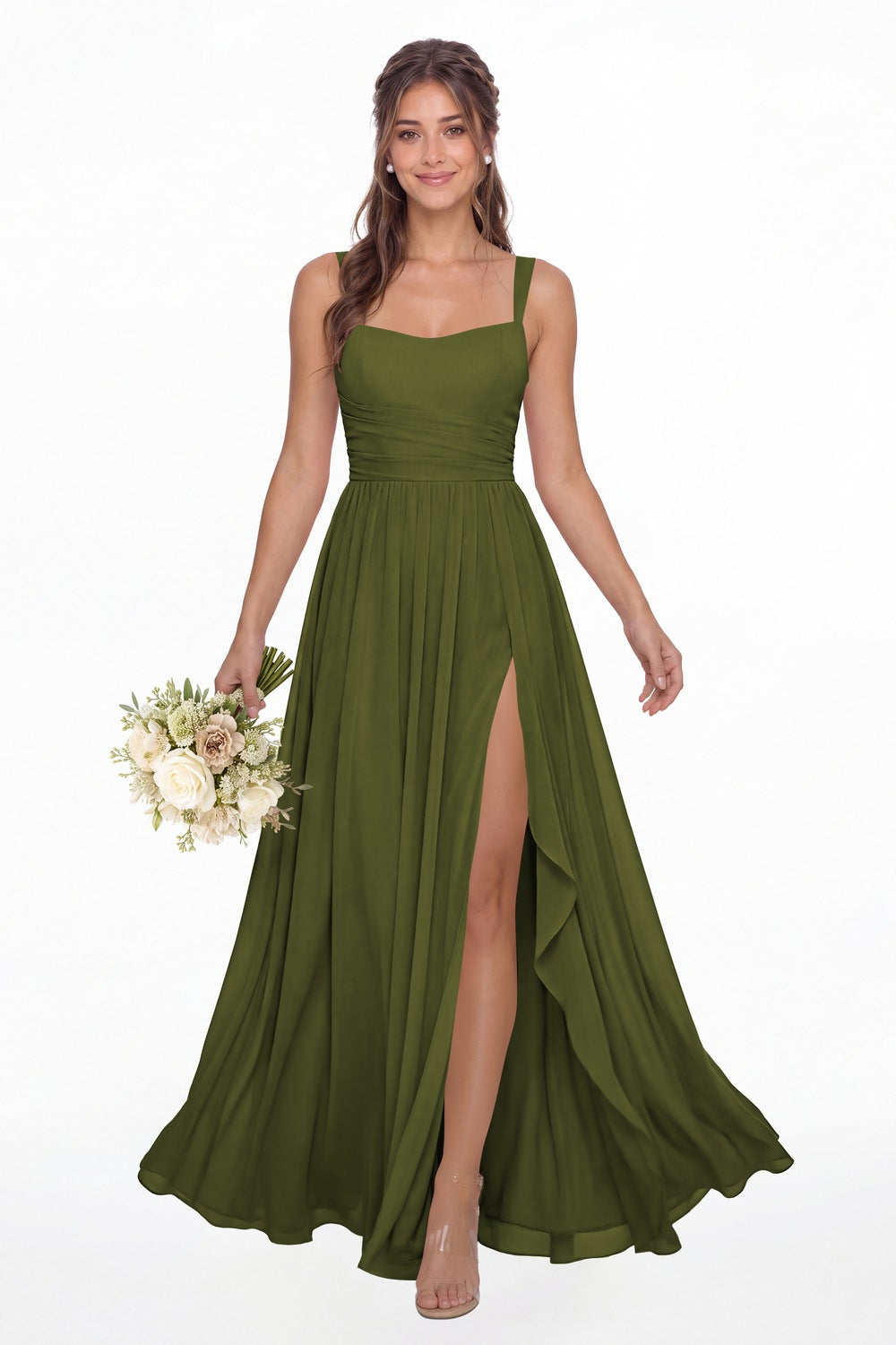Olive Green Square Neck Ruched Chiffon Slit Maxi Gown - Front View