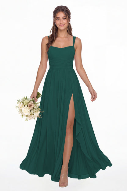 Peacock Square Neck Ruched Chiffon Slit Maxi Gown - Front View