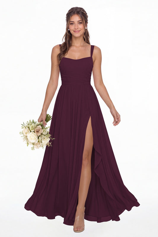 Plum Square Neck Ruched Chiffon Slit Maxi Gown - Front View