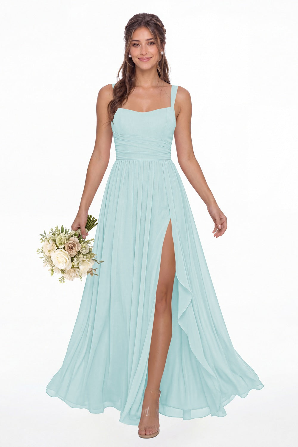 Powder Blue Square Neck Ruched Chiffon Slit Maxi Gown - Front View