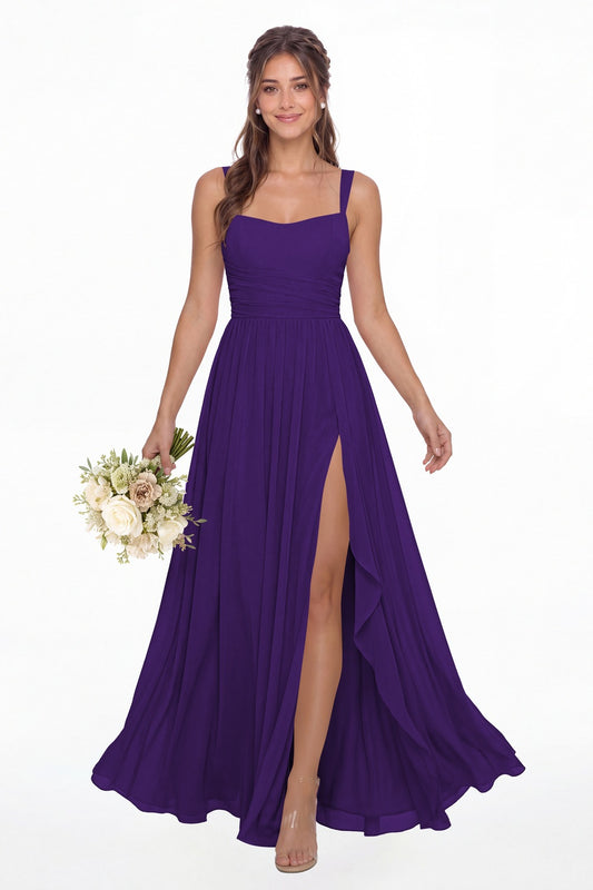 Purple Square Neck Ruched Chiffon Slit Maxi Gown - Front View