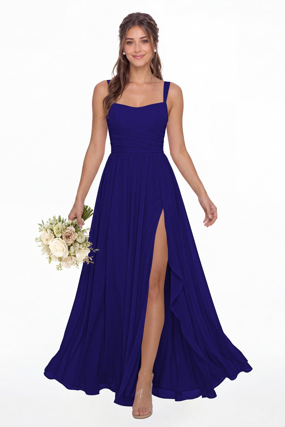 Royal Blue Square Neck Ruched Chiffon Slit Maxi Gown - Front View