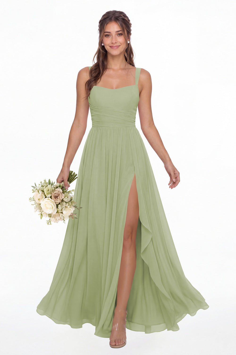 Sage Green Square Neck Ruched Chiffon Slit Maxi Gown - Front View