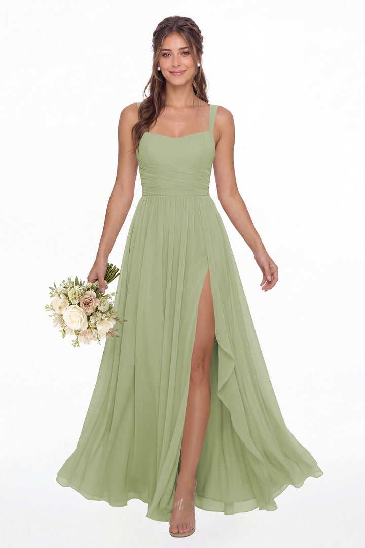 Sage Green Square Neck Ruched Chiffon Slit Maxi Gown - Front View
