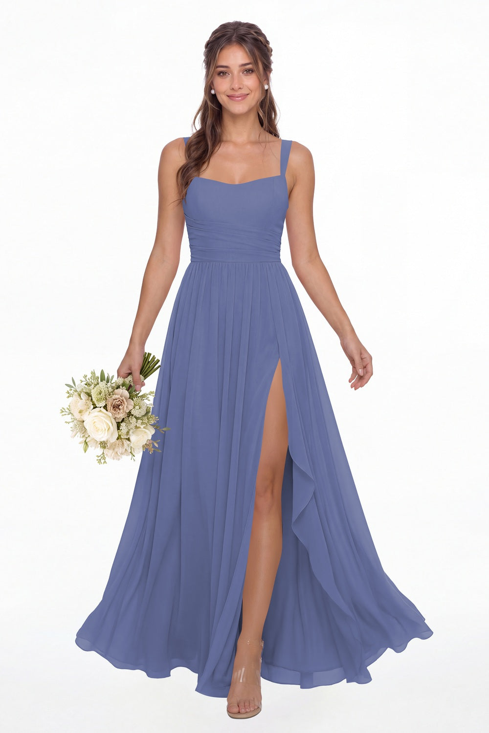 Steel Blue Square Neck Ruched Chiffon Slit Maxi Gown - Front View