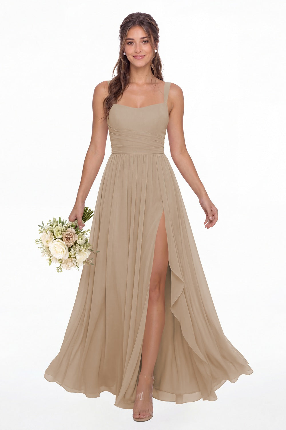 Taupe Square Neck Ruched Chiffon Slit Maxi Gown - Front View