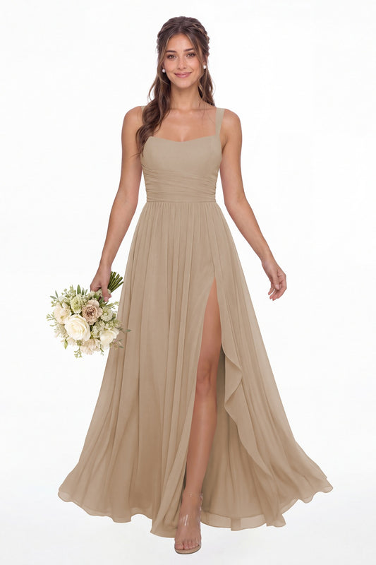 Taupe Square Neck Ruched Chiffon Slit Maxi Gown - Front View