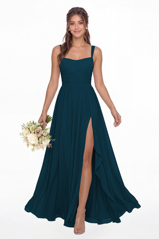 Teal Square Neck Ruched Chiffon Slit Maxi Gown - Front View