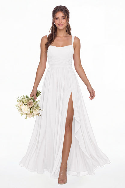 White Square Neck Ruched Chiffon Slit Maxi Gown - Front View