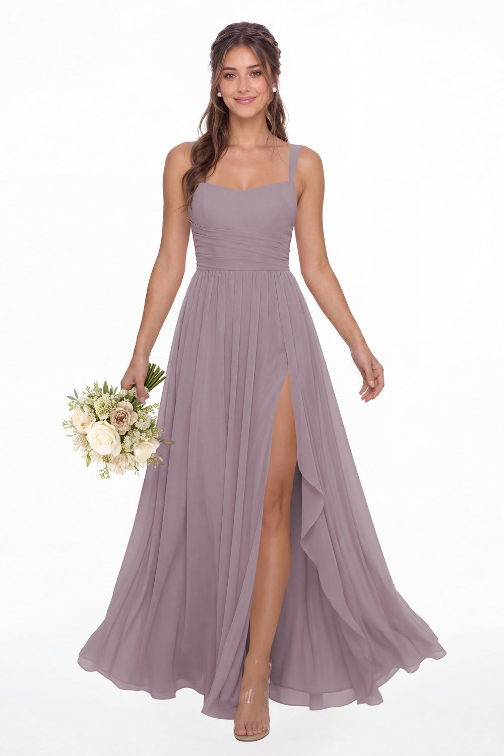 Wisteria Square Neck Ruched Chiffon Slit Maxi Gown - Front View