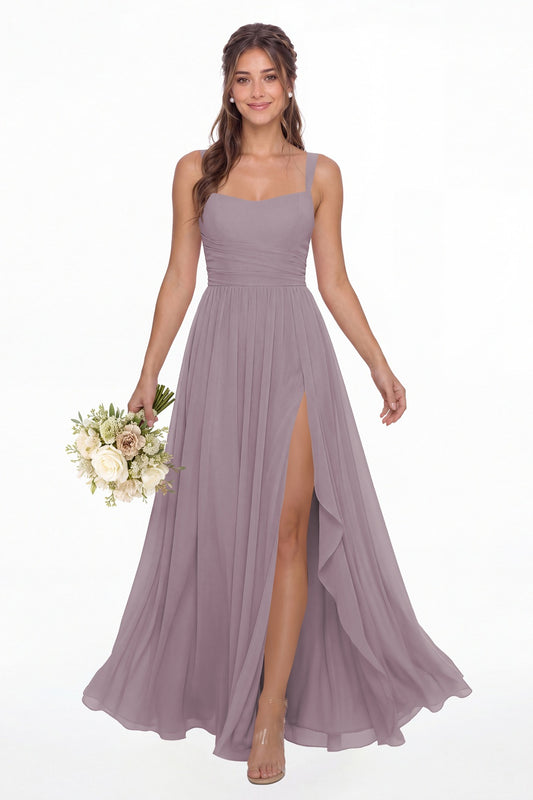 Wisteria Square Neck Ruched Chiffon Slit Maxi Gown - Front View