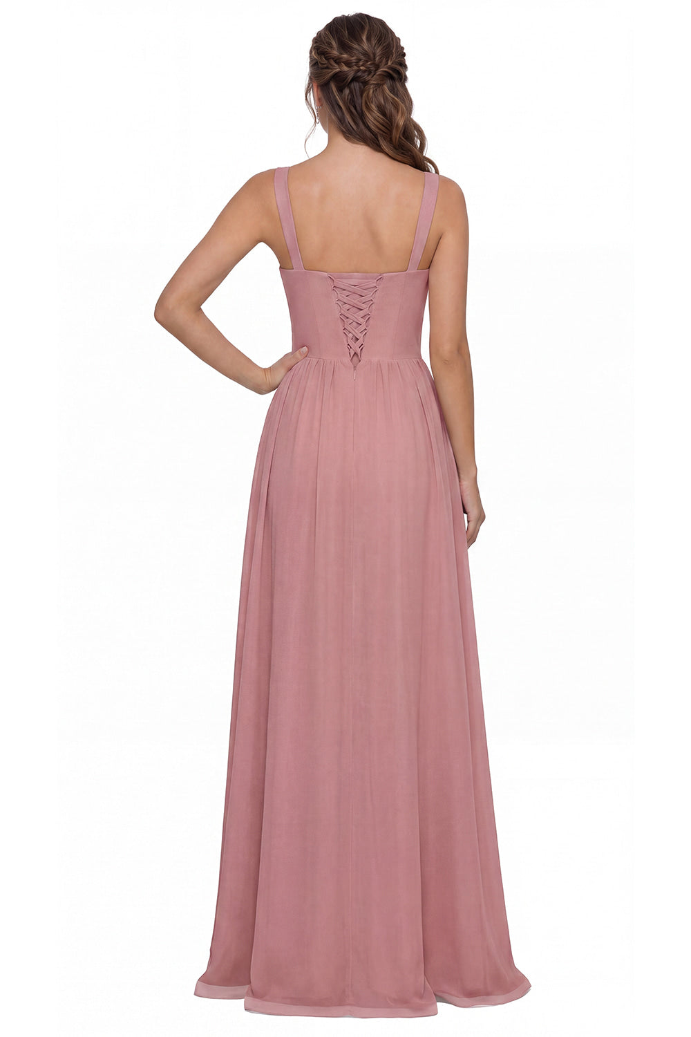 Aqua Blue Square Neck Ruched Chiffon Slit Maxi Gown - Front View