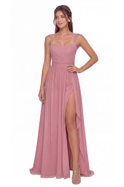 Square Neck Ruched Chiffon Slit Maxi Gown - Back View