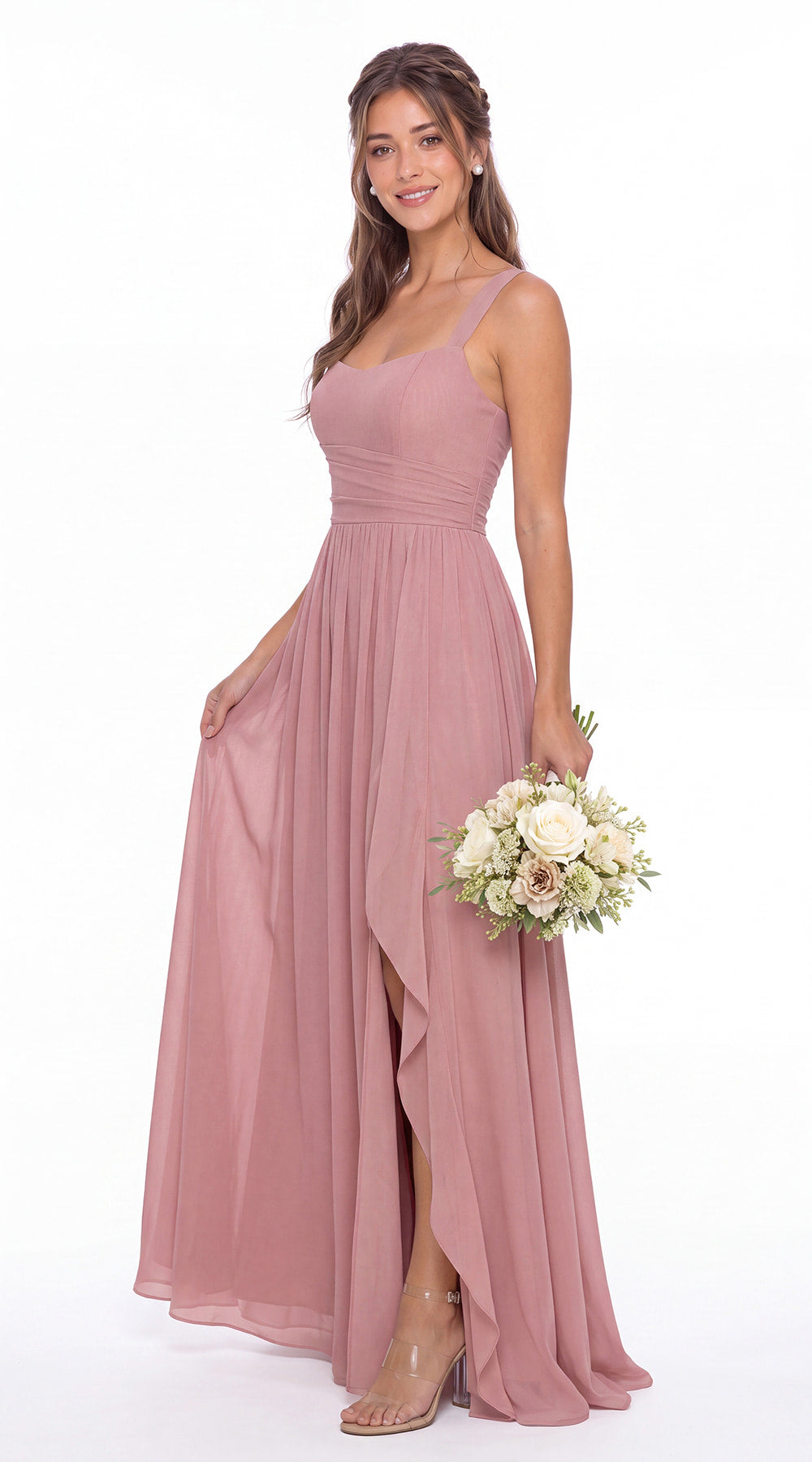 Square Neck Ruched Chiffon Slit Maxi Gown - Detail View 1
