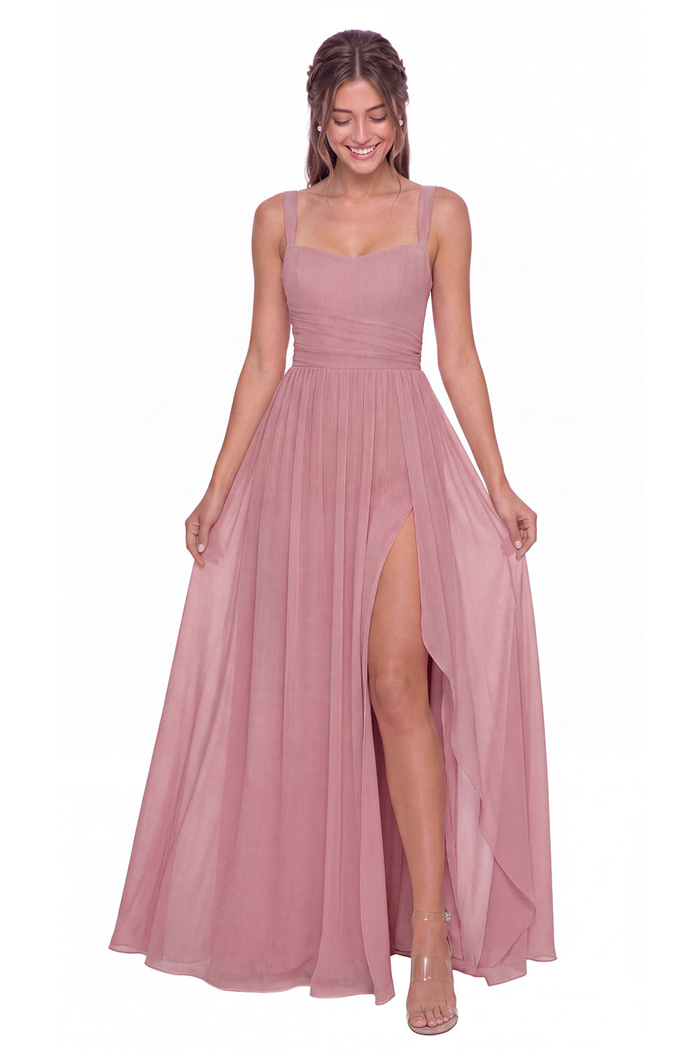 Square Neck Ruched Chiffon Slit Maxi Gown - Detail View 3