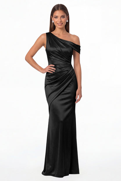 Black One Shoulder Ruched Satin Mermaid Maxi Gown - Front View