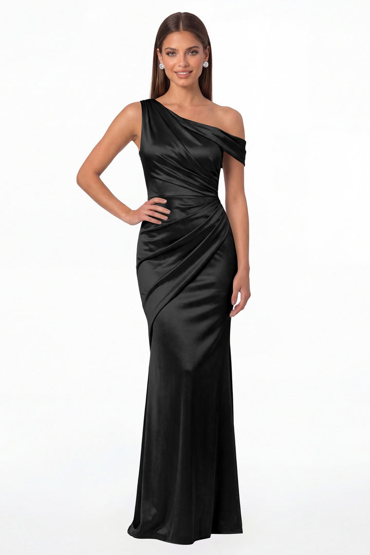 Black One Shoulder Ruched Satin Mermaid Maxi Gown - Front View