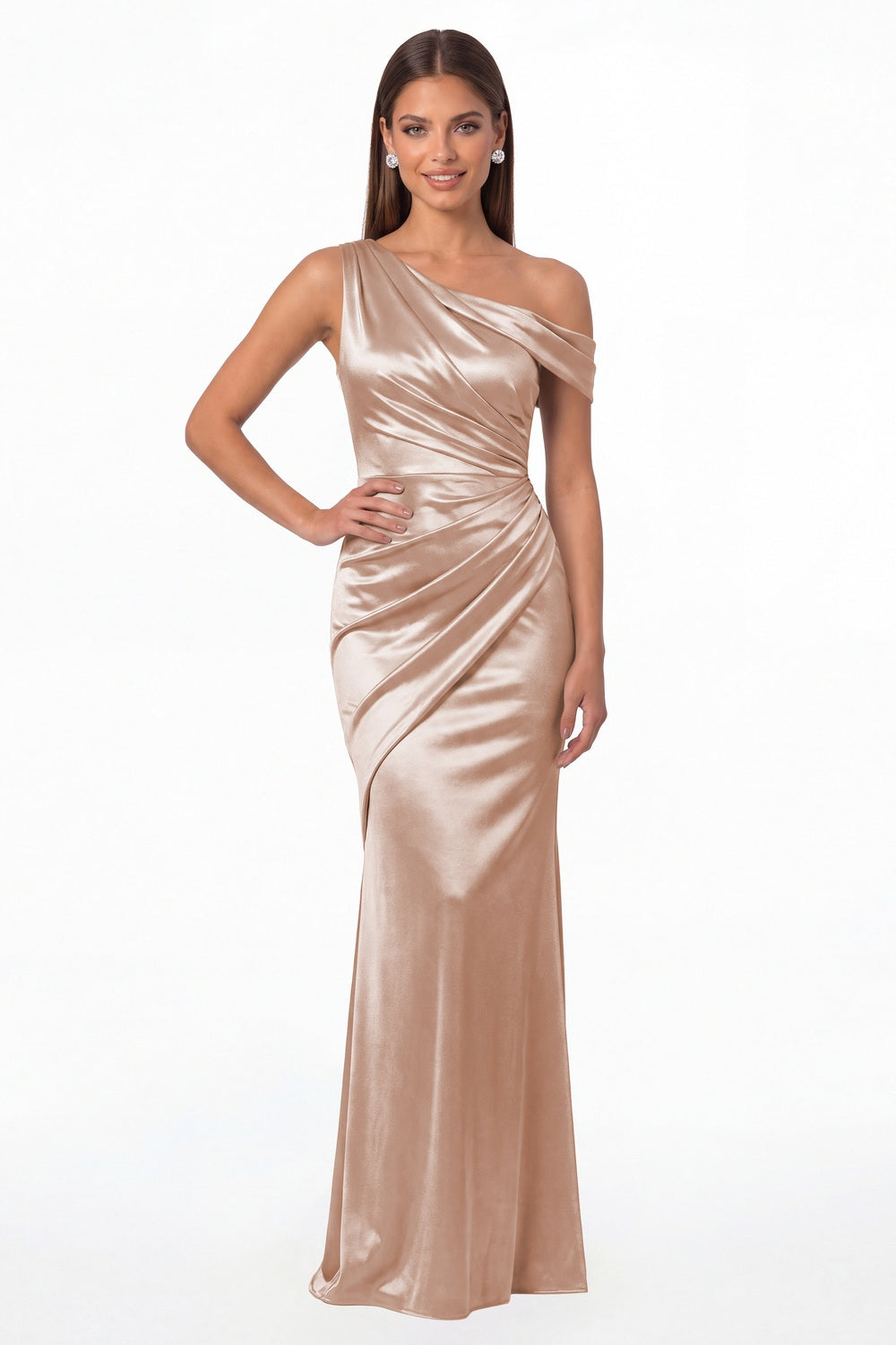 Blush Pink One Shoulder Ruched Satin Mermaid Maxi Gown - Front View