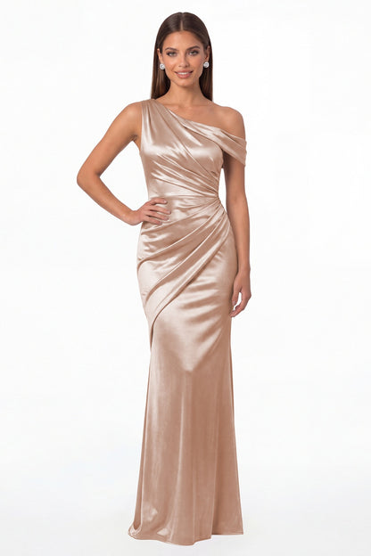 Blush Pink One Shoulder Ruched Satin Mermaid Maxi Gown - Front View