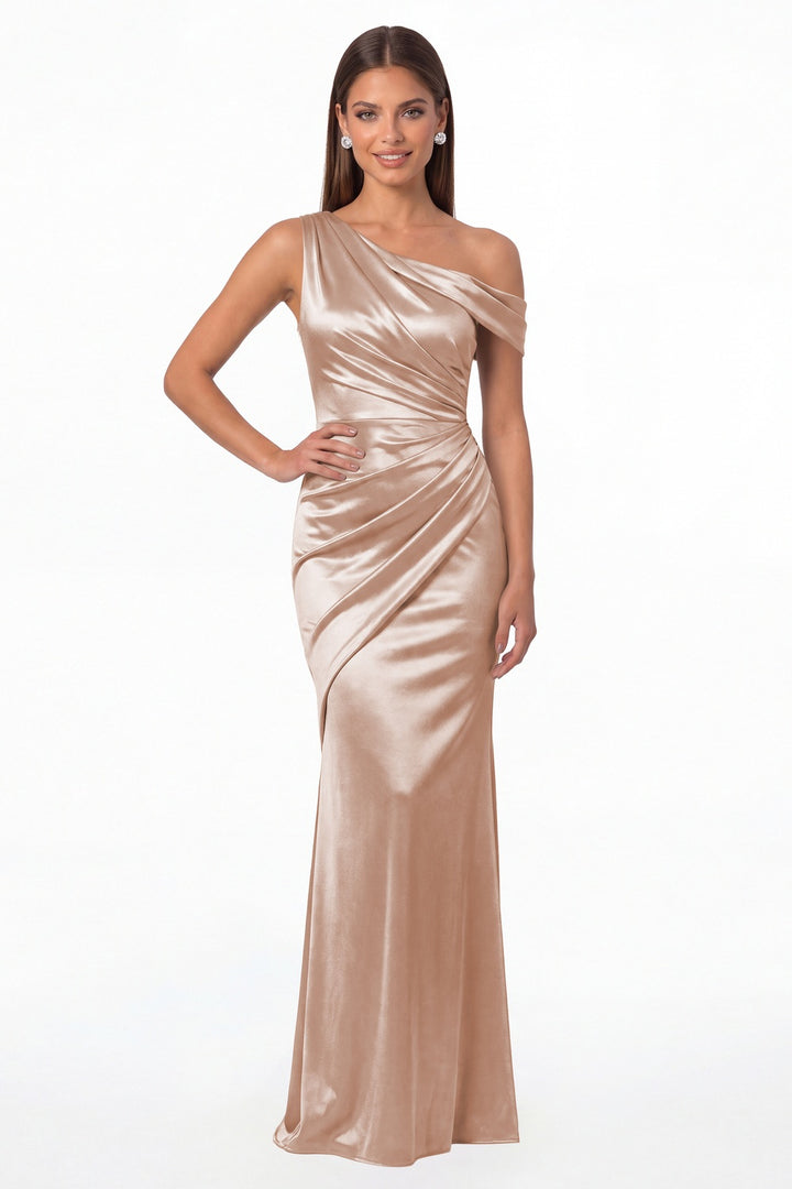 Blush Pink One Shoulder Ruched Satin Mermaid Maxi Gown - Front View