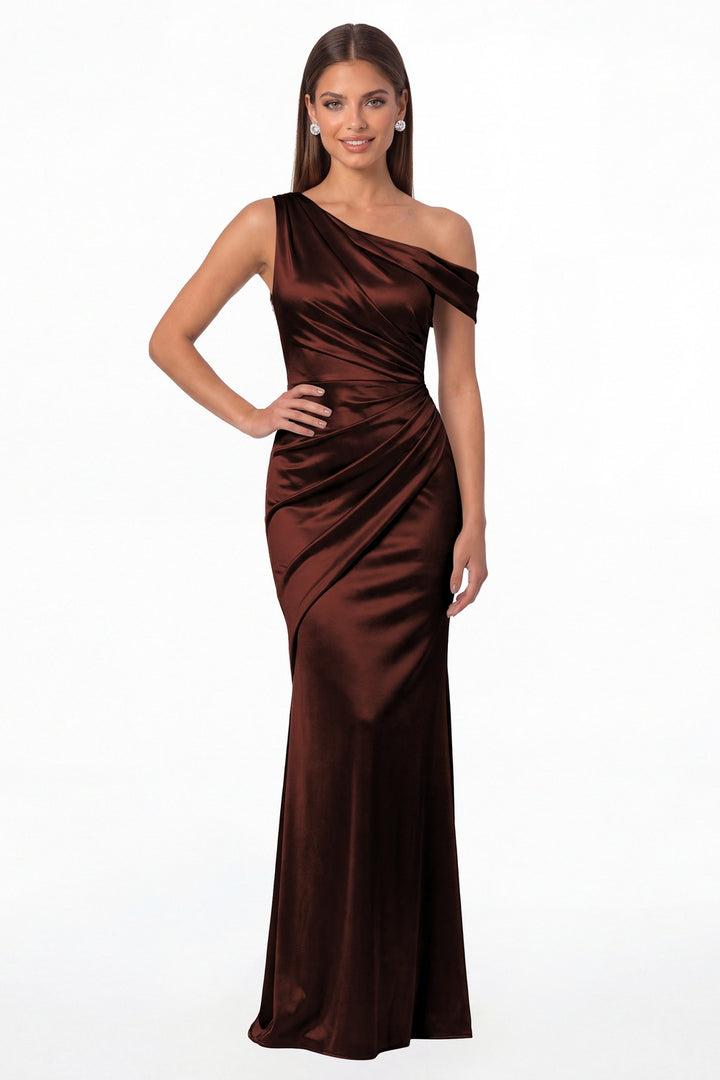 Burgundy One Shoulder Ruched Satin Mermaid Maxi Gown - Front View