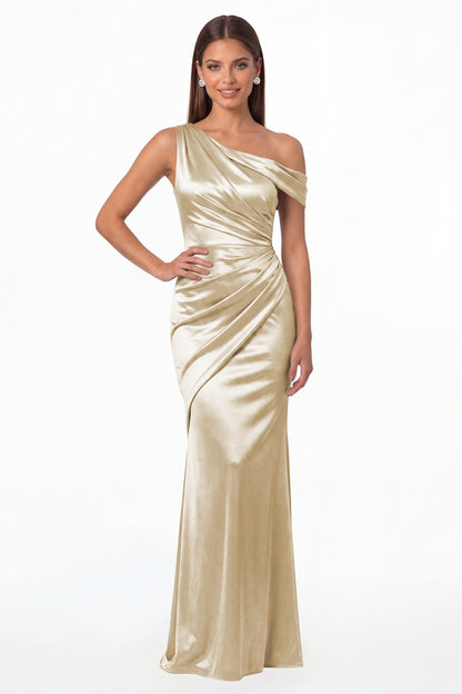 Champagne One Shoulder Ruched Satin Mermaid Maxi Gown - Front View