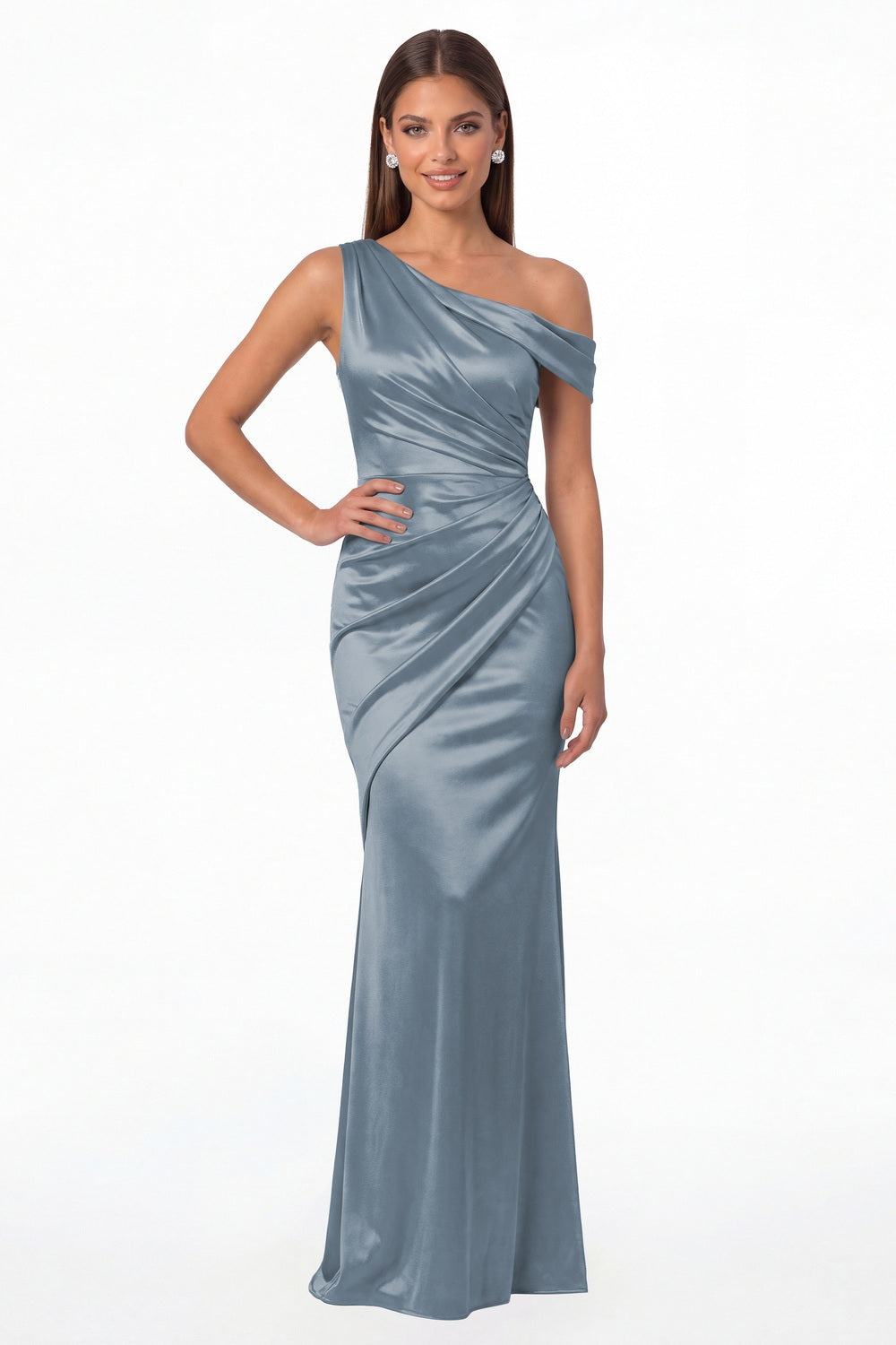 Dusty Blue One Shoulder Ruched Satin Mermaid Maxi Gown - Front View