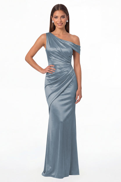 Dusty Blue One Shoulder Ruched Satin Mermaid Maxi Gown - Front View