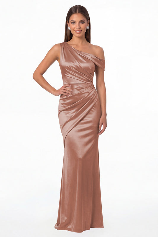 Dusty Rose One Shoulder Ruched Satin Mermaid Maxi Gown - Front View