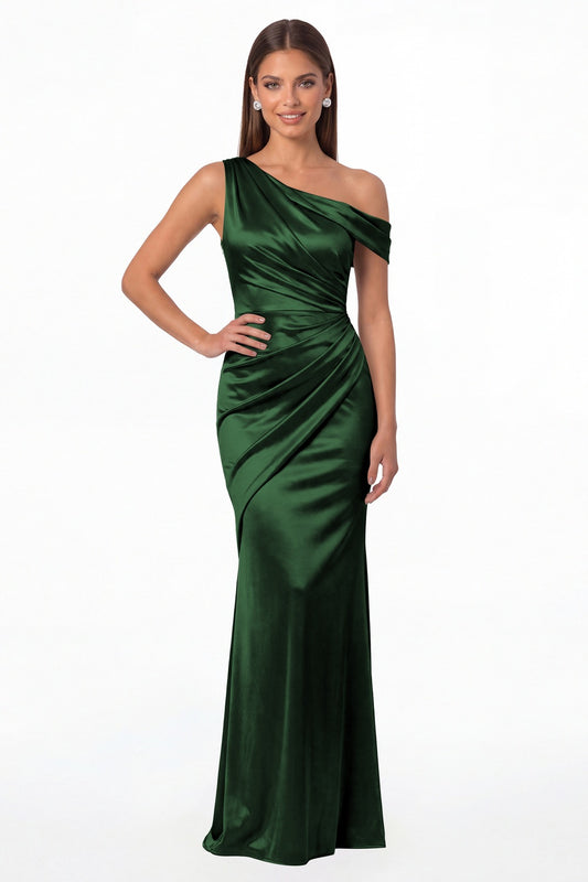 Emerald Green One Shoulder Ruched Satin Mermaid Maxi Gown - Front View