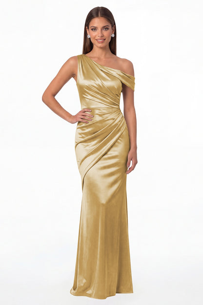 Gold One Shoulder Ruched Satin Mermaid Maxi Gown - Front View