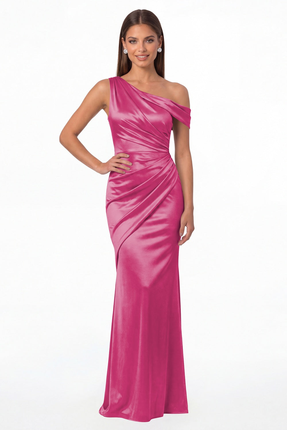 Hot Pink One Shoulder Ruched Satin Mermaid Maxi Gown - Front View