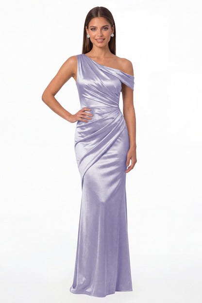 Lavender One Shoulder Ruched Satin Mermaid Maxi Gown - Front View
